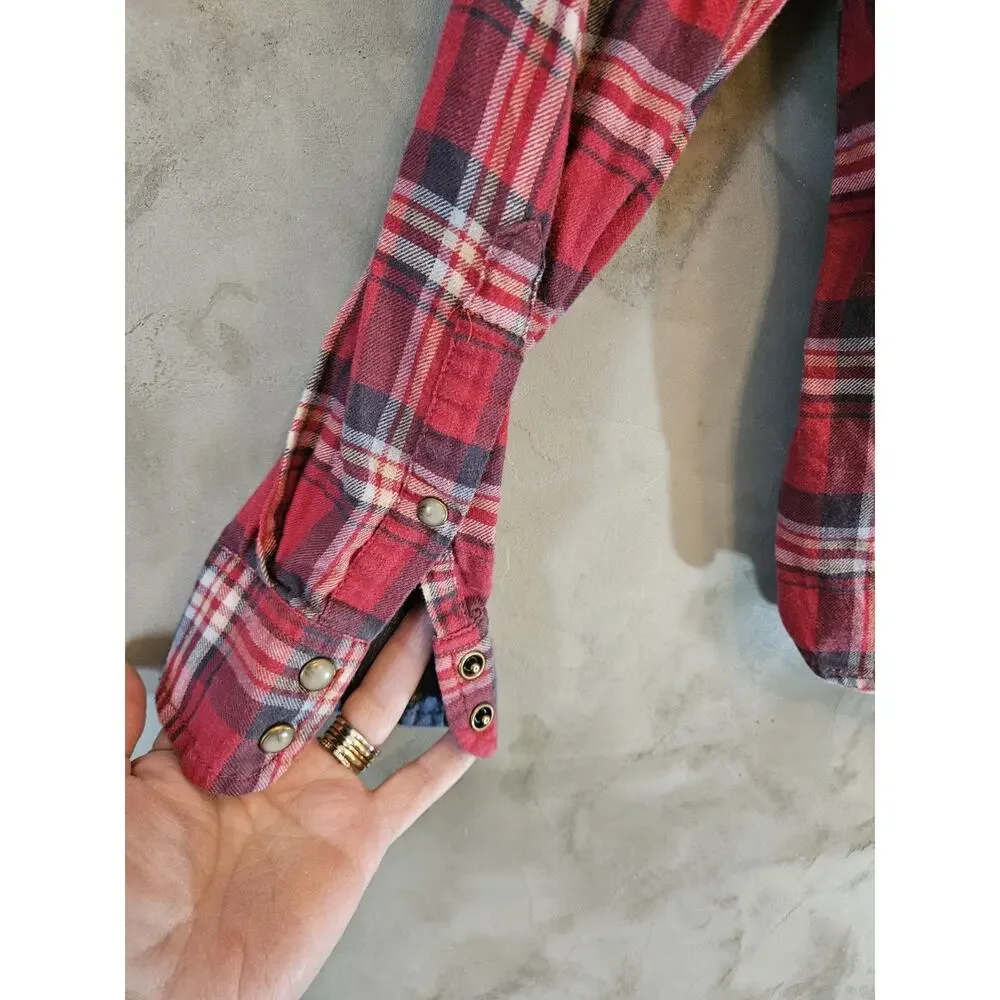 JACHS Girlfriend Size L Red Blue White Plaid Cotton Flannel Collared Shirt - Picture 7 of 7